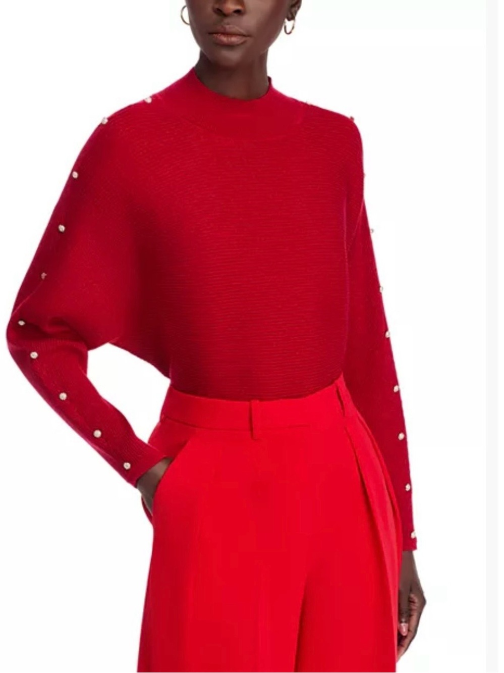 T Tahari Red Pearl-Accent Turtleneck Sweater